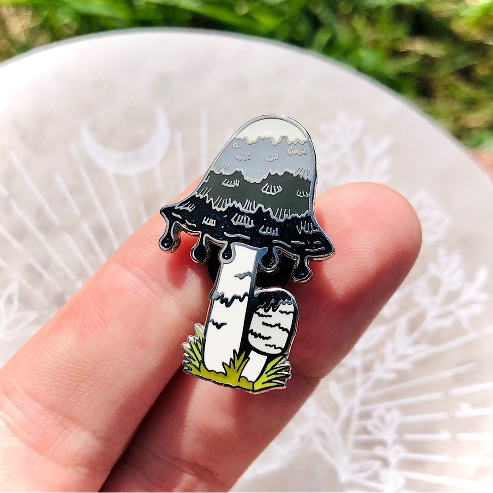 Black & White Sparkly Mushroom Enamel Pin